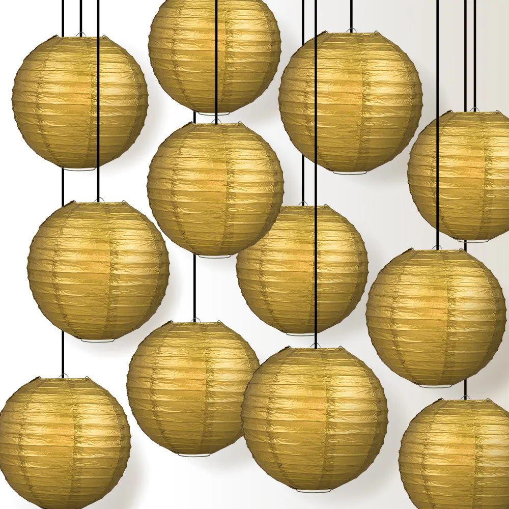 12 PACK | Gold Even Ribbing Round Paper Lantern, Hanging Combo Set