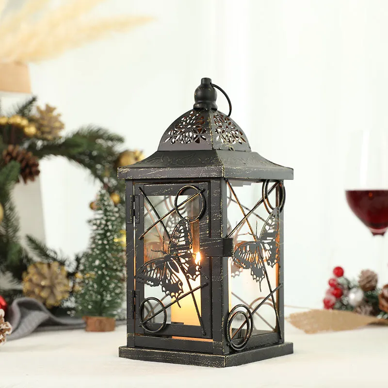 9.5” High Rustic Metal Lantern Candle Holder For Home DecorWhite With Gold Brush