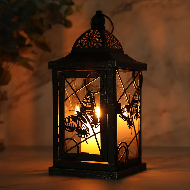 9.5” High Rustic Metal Lantern Candle Holder For Home DecorWhite With Gold Brush