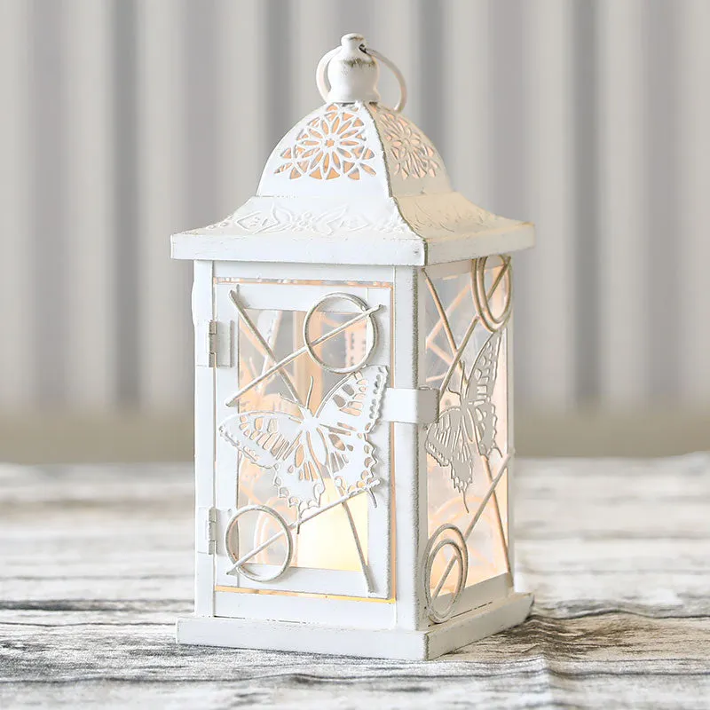 9.5” High Rustic Metal Lantern Candle Holder For Home DecorWhite With Gold Brush