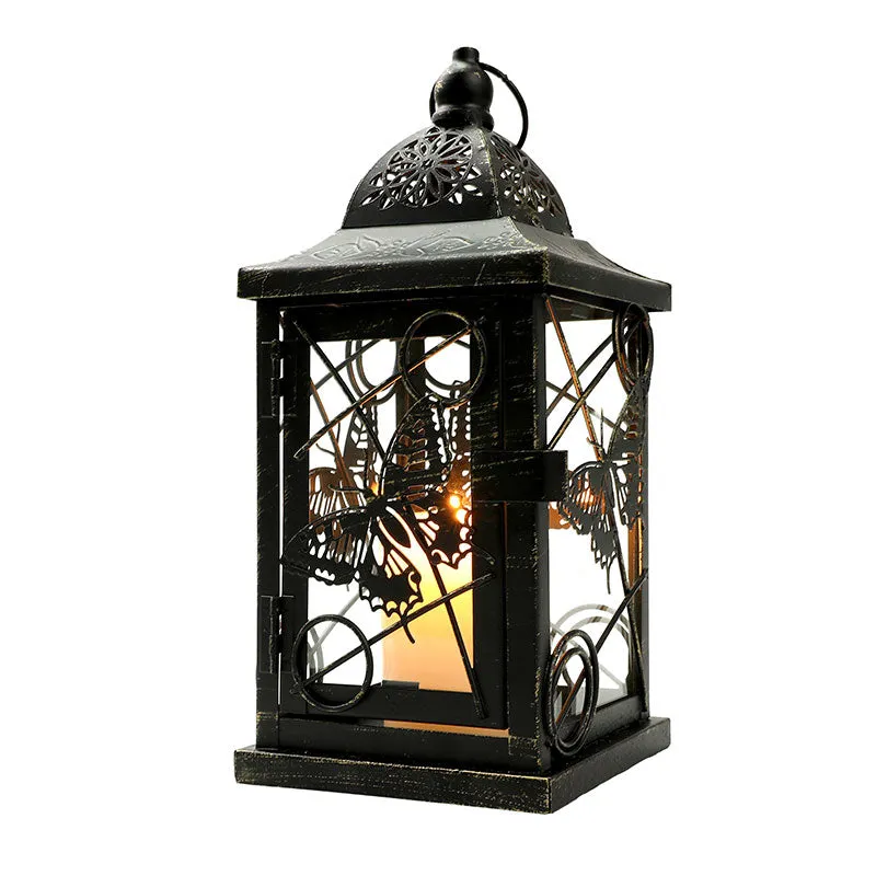 9.5” High Rustic Metal Lantern Candle Holder For Home DecorWhite With Gold Brush