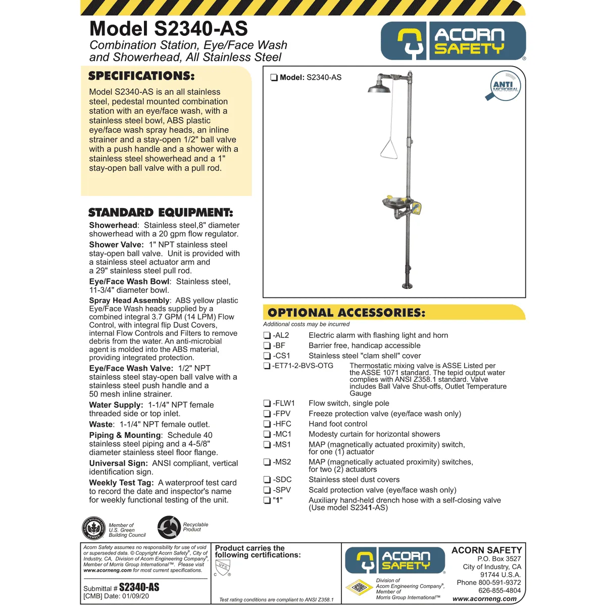 Acorn S2340-AS Combination Eye/Face Wash Station Drench Shower All Stainless