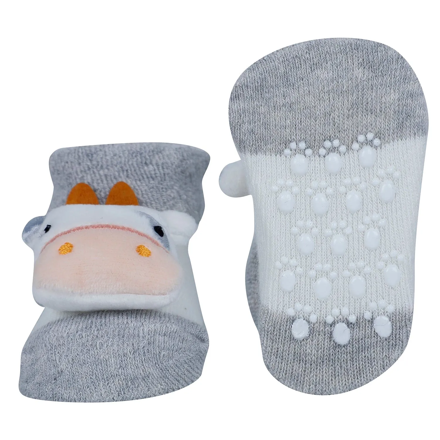 Baby Moo Bunny And Cow 3D Rattle Anti-Skid Socks Booties Pack of 2 - Green, Grey