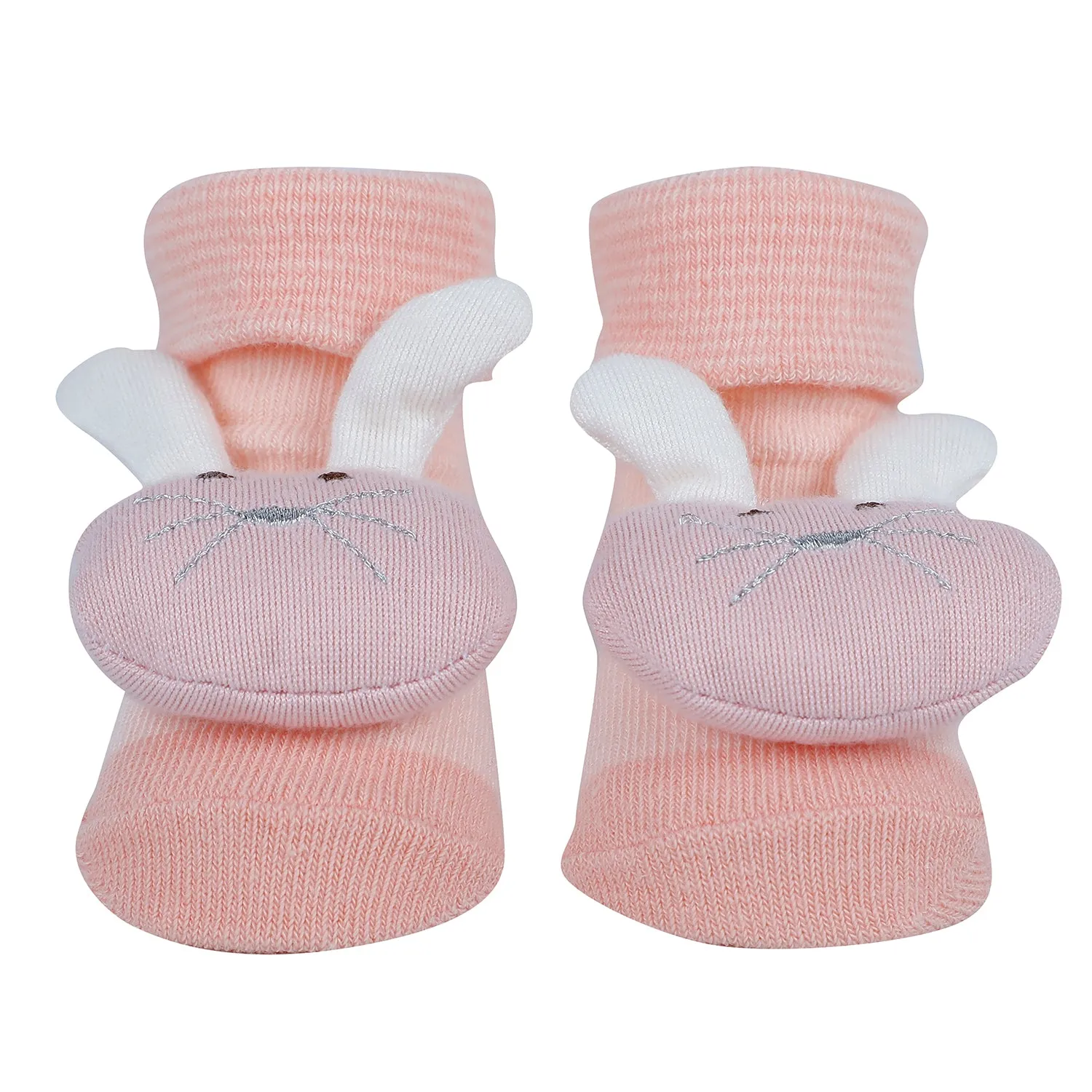 Baby Moo Bunny Bear 3D Rattle Anti-Skid Socks Booties Pack of 3 - Pink, Beige