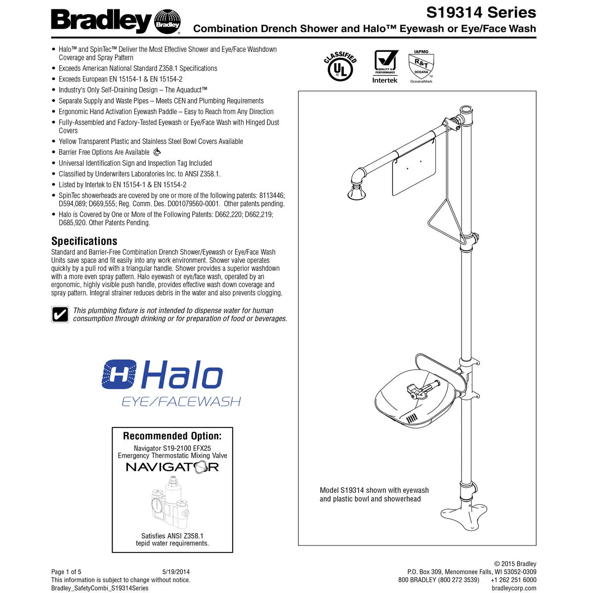 Bradley S19314P Halo Safety Shower Eyewash Station w/ Drench Hose