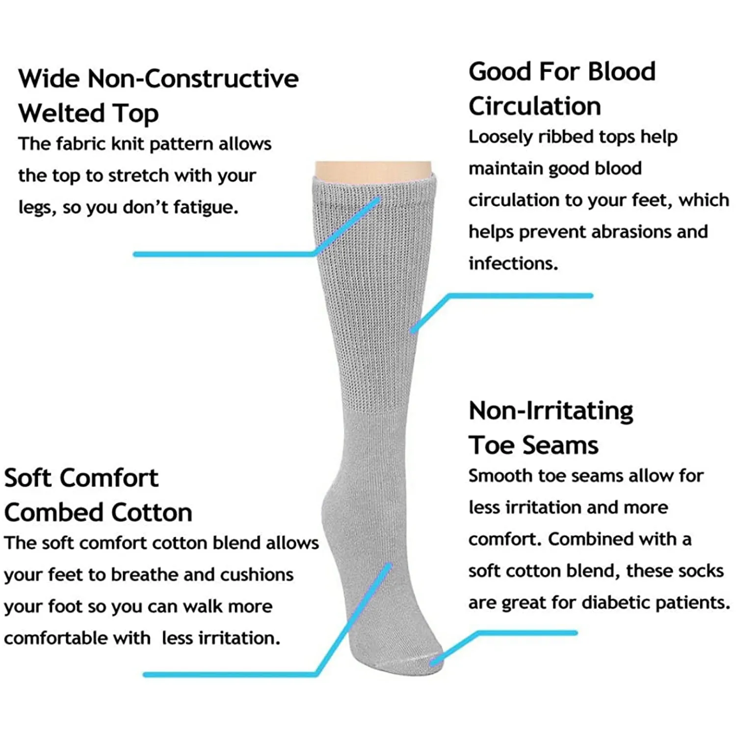 Falari Women Diabetic Socks Diabetes Edema and Circulatory Loose Fitting Cotton Crew Socks - 6 Pairs Gray