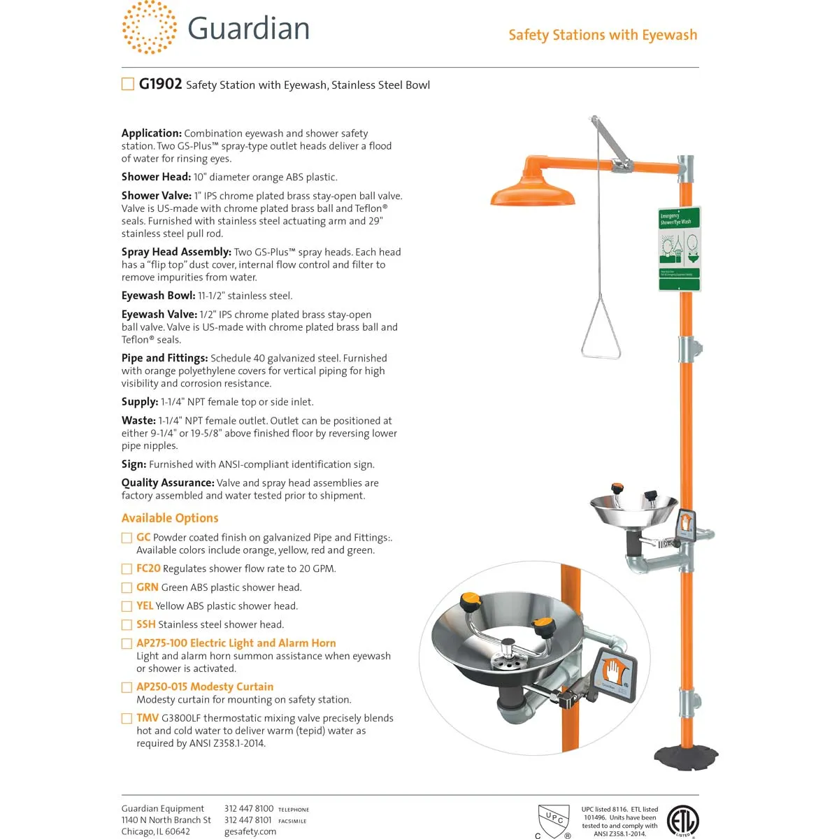 Guardian G1902 Safety Station with Eyewash Station, Stainless Steel Bowl