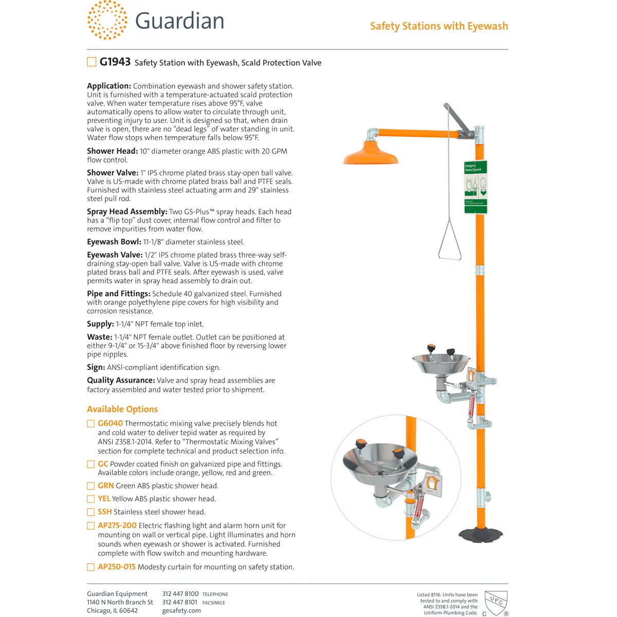 Guardian G1943 Safety Shower with Eyewash, Scald Protection Valve