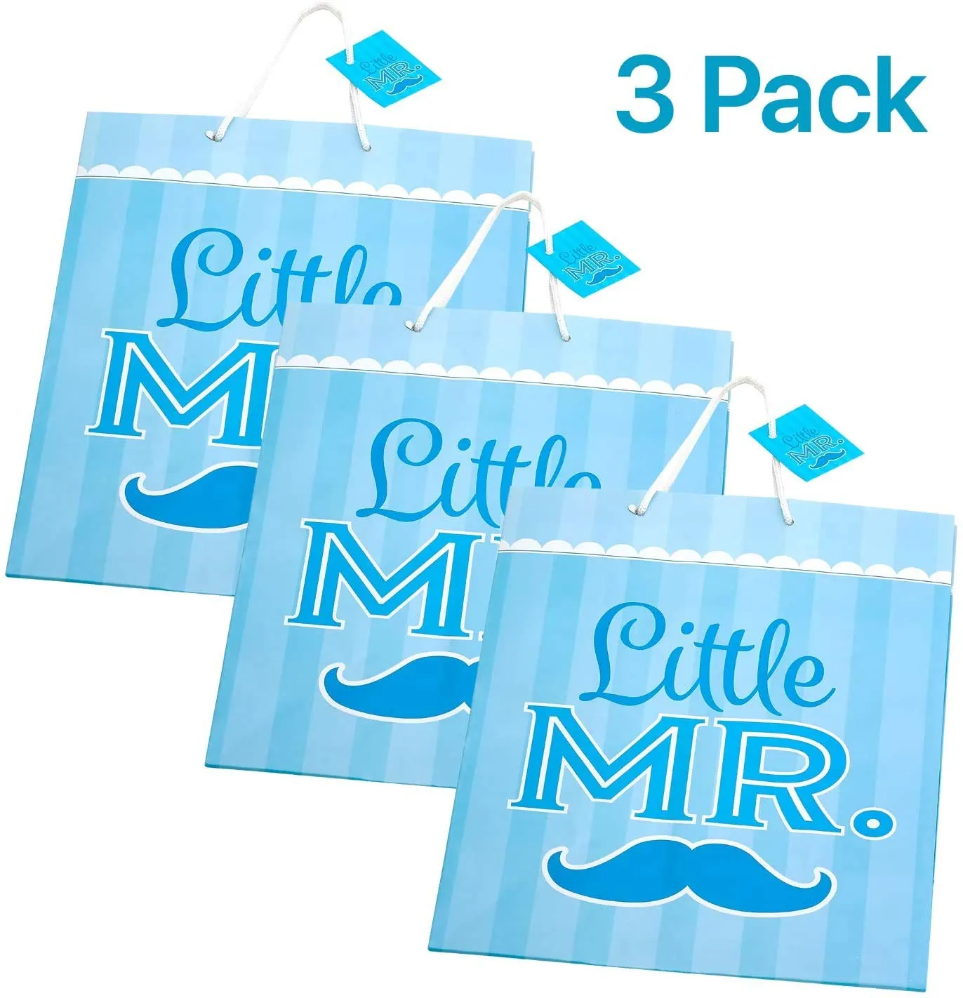 Kicko Large Blue Mustache Gift Bags - 3 Pack - 13 Inches - for Party Favors, New Moms