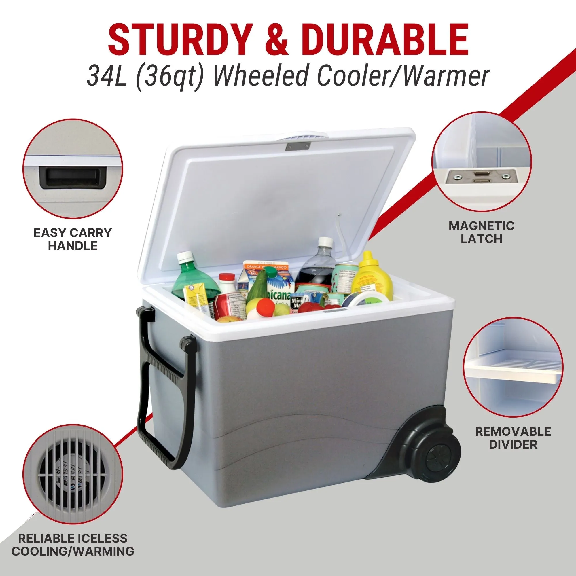 Koolatron Wheeled 12V Electric Cooler/Warmer, 34L (36qt) Rolling Thermoelectric Car Fridge, Two-Way Design 12 Volt DC Connection, Plug In Iceless Refrigerator, For Work Travel Vehicle Truck RV, Gray