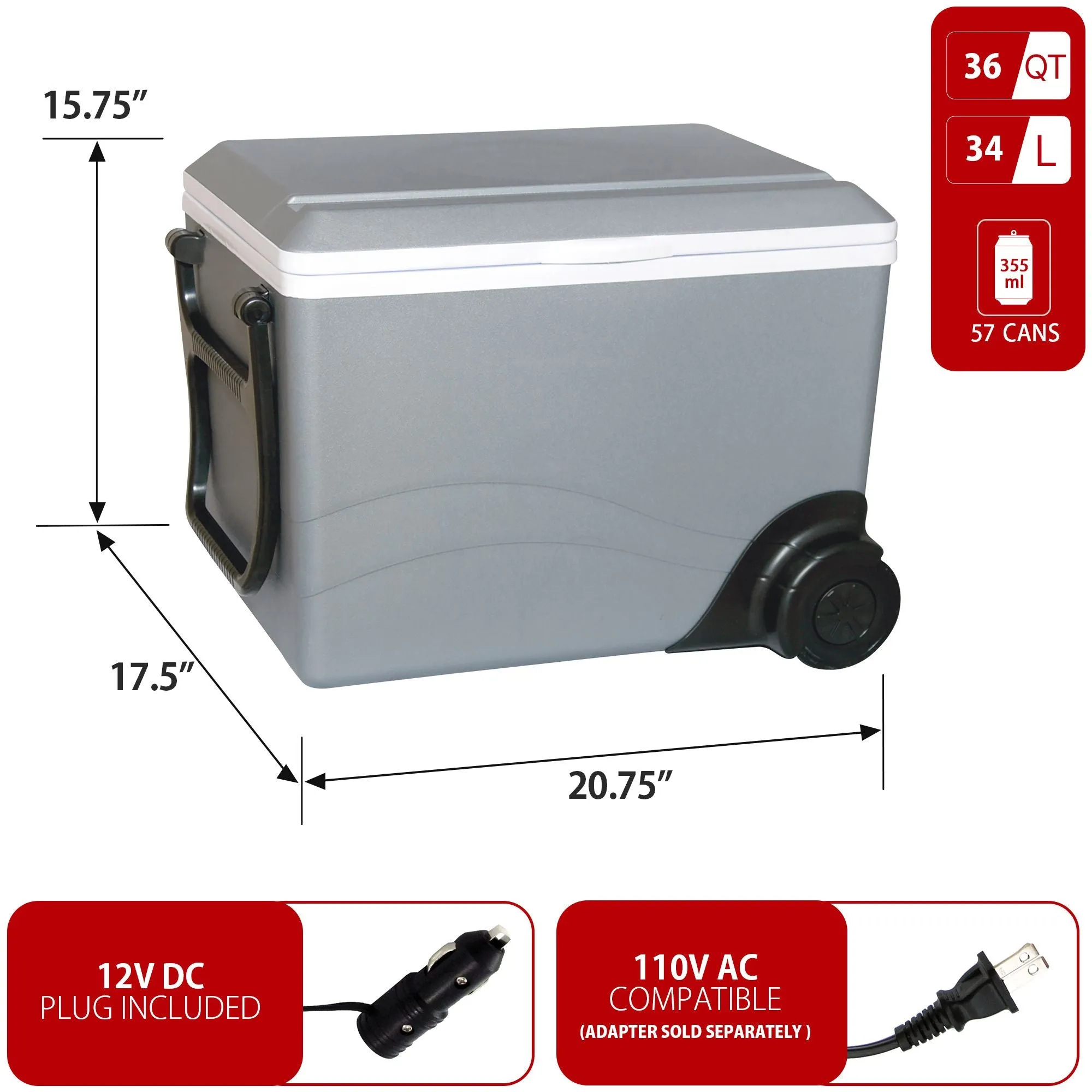 Koolatron Wheeled 12V Electric Cooler/Warmer, 34L (36qt) Rolling Thermoelectric Car Fridge, Two-Way Design 12 Volt DC Connection, Plug In Iceless Refrigerator, For Work Travel Vehicle Truck RV, Gray