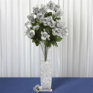 Long Stem Rose Bush Artificial Silk Flowers - Silver