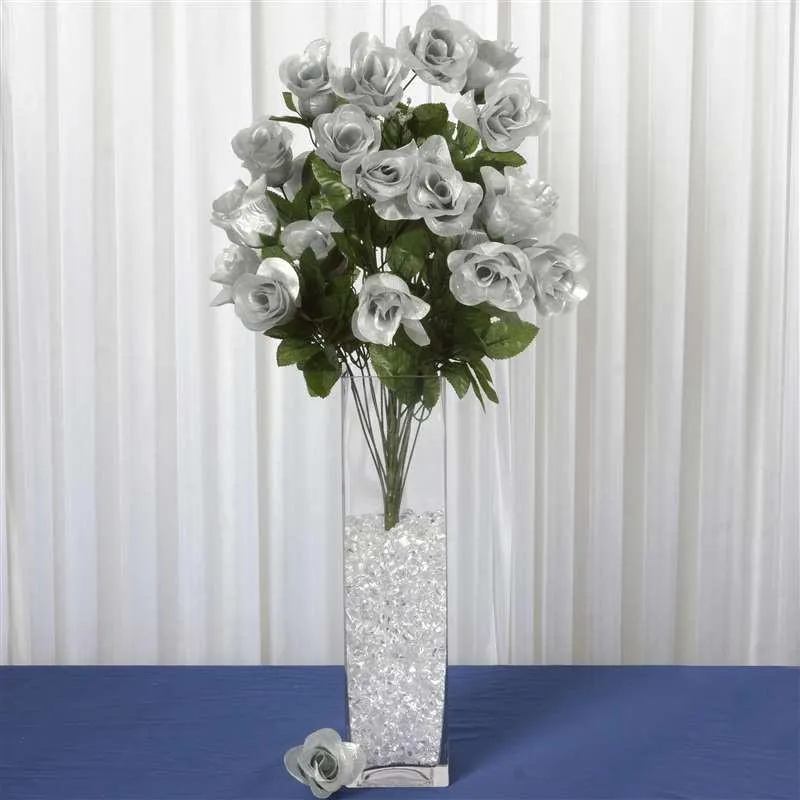 Long Stem Rose Bush Artificial Silk Flowers - Silver