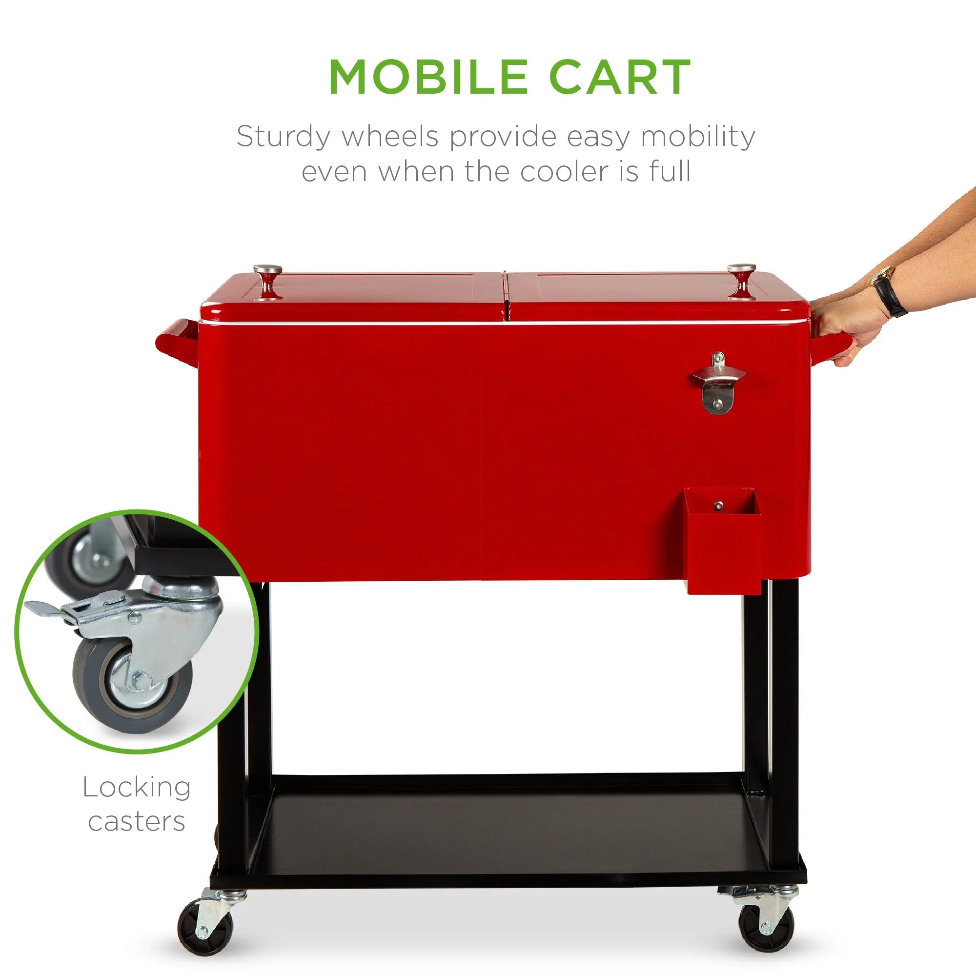 Portable Rolling Cooler Cart w/ Bottle Opener, Catch Tray