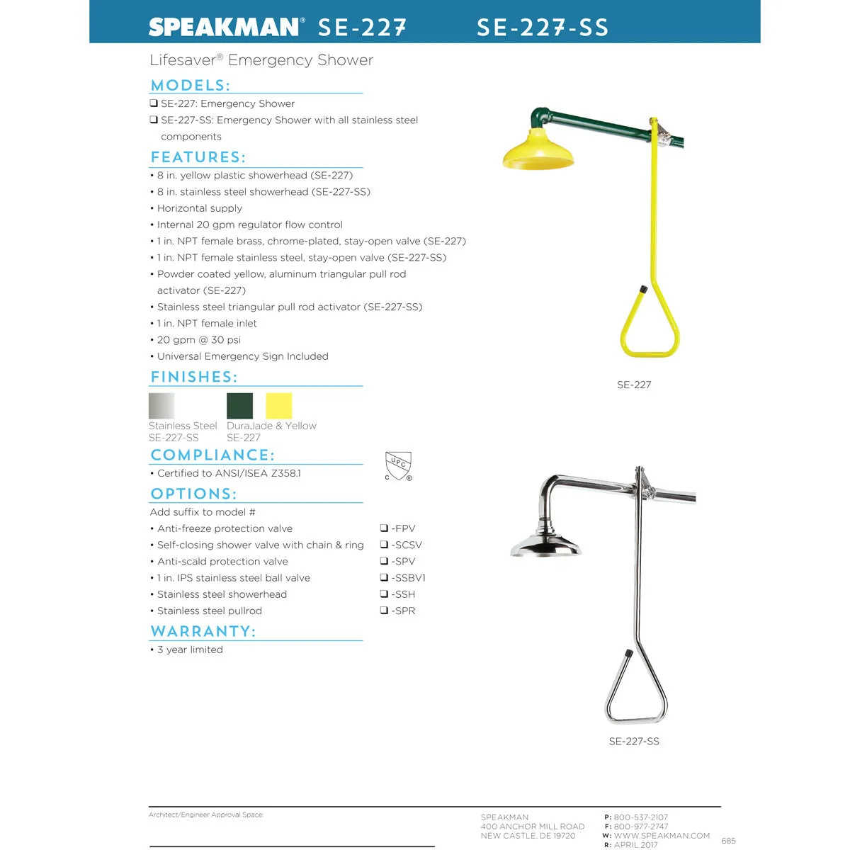 Speakman SE-227 Lifesaver(R) Emergency Deluge Shower, Horizontal supply