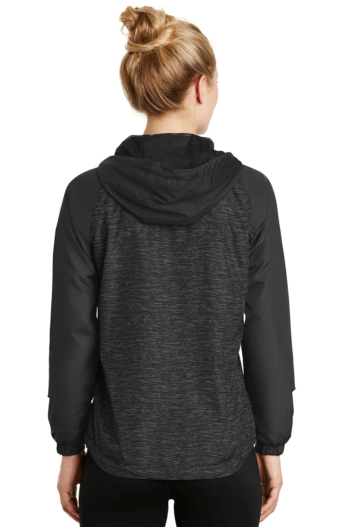 Sport-Tek Ladies Heather Colorblock Customized Raglan Hooded Wind Jackets, Black Heather/ Black