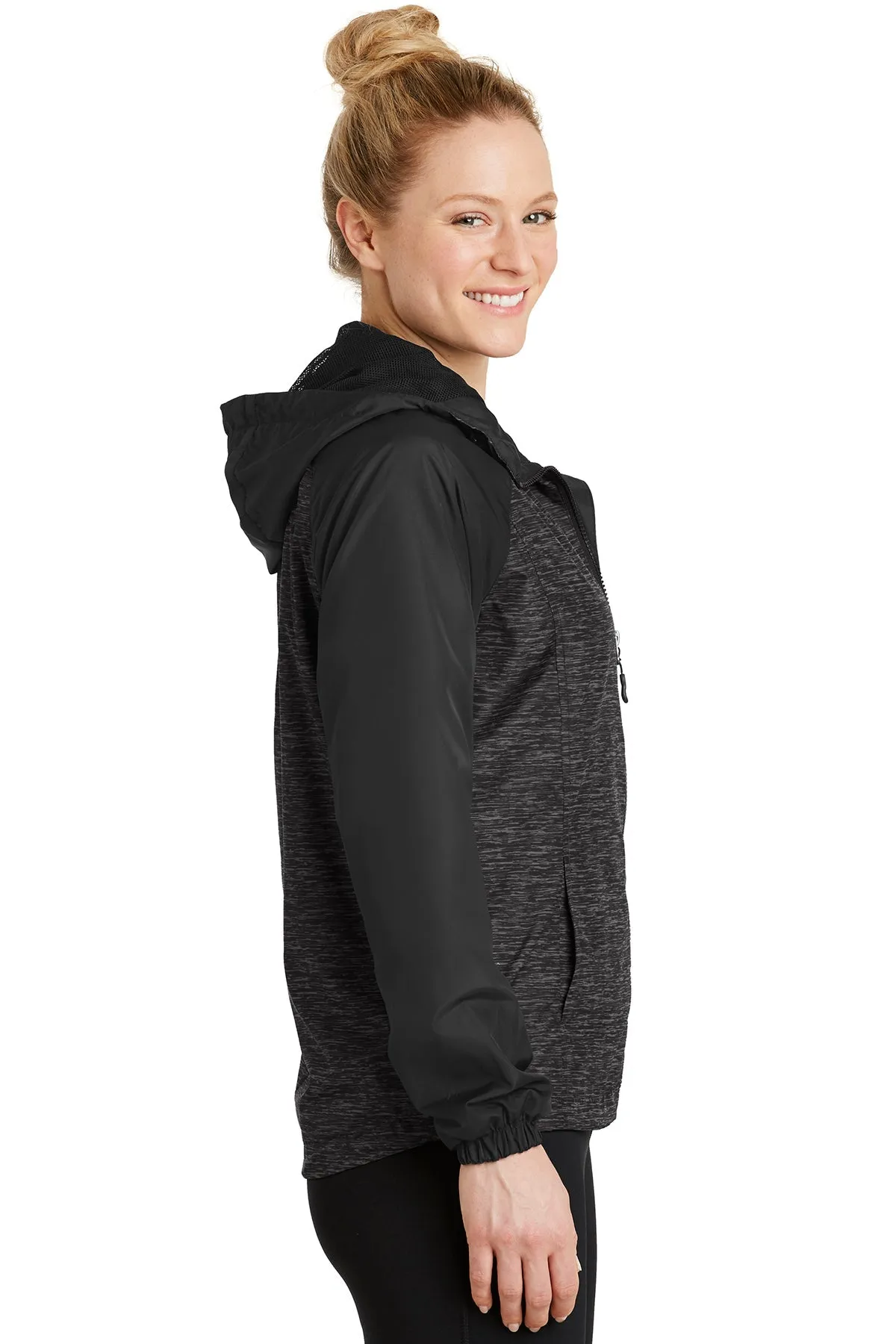 Sport-Tek Ladies Heather Colorblock Customized Raglan Hooded Wind Jackets, Black Heather/ Black