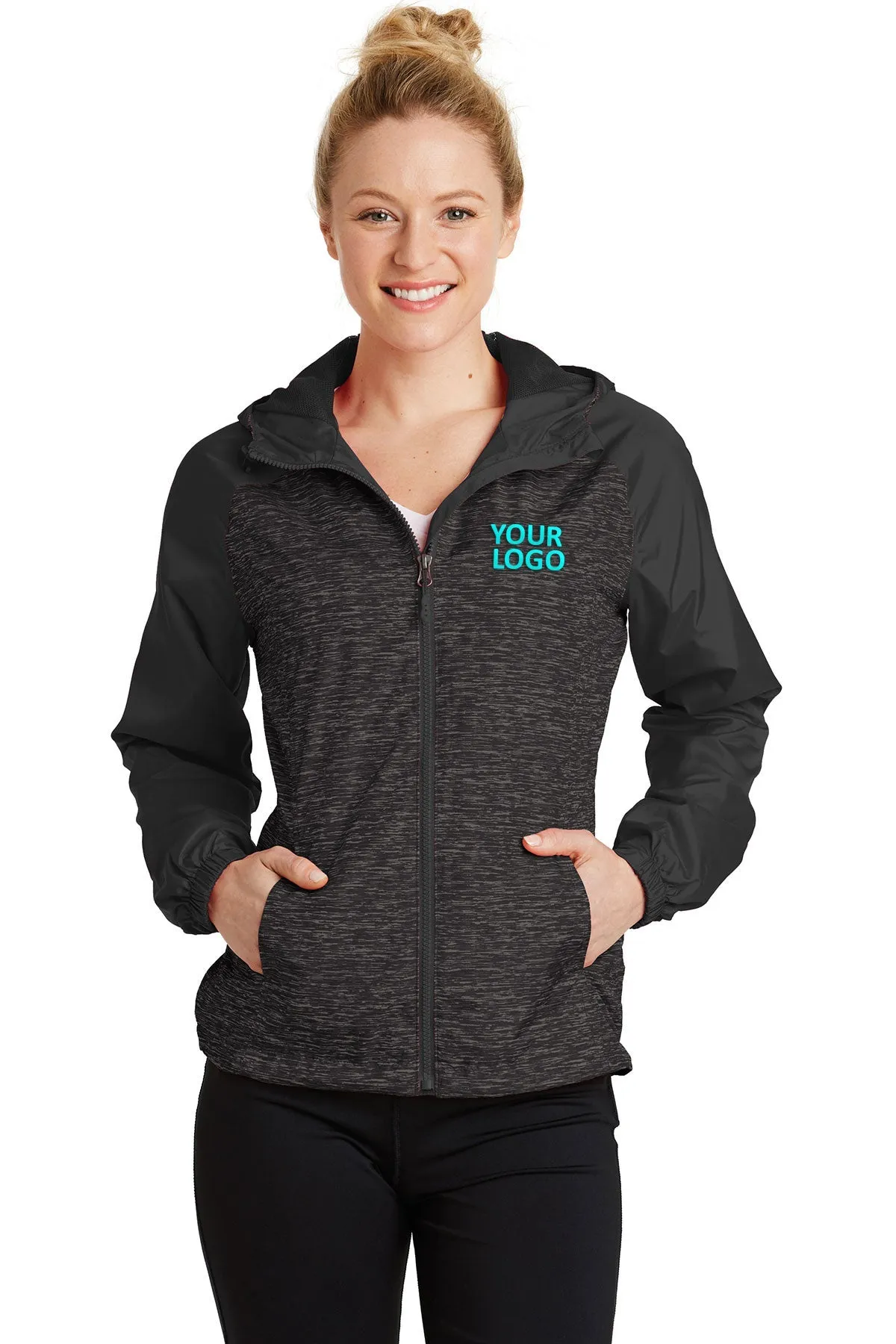 Sport-Tek Ladies Heather Colorblock Customized Raglan Hooded Wind Jackets, Black Heather/ Black