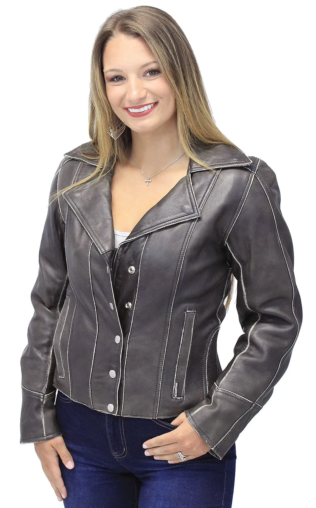 Vintage Leather Motorcycle Jacket for Women #LA4040ZRDN ()